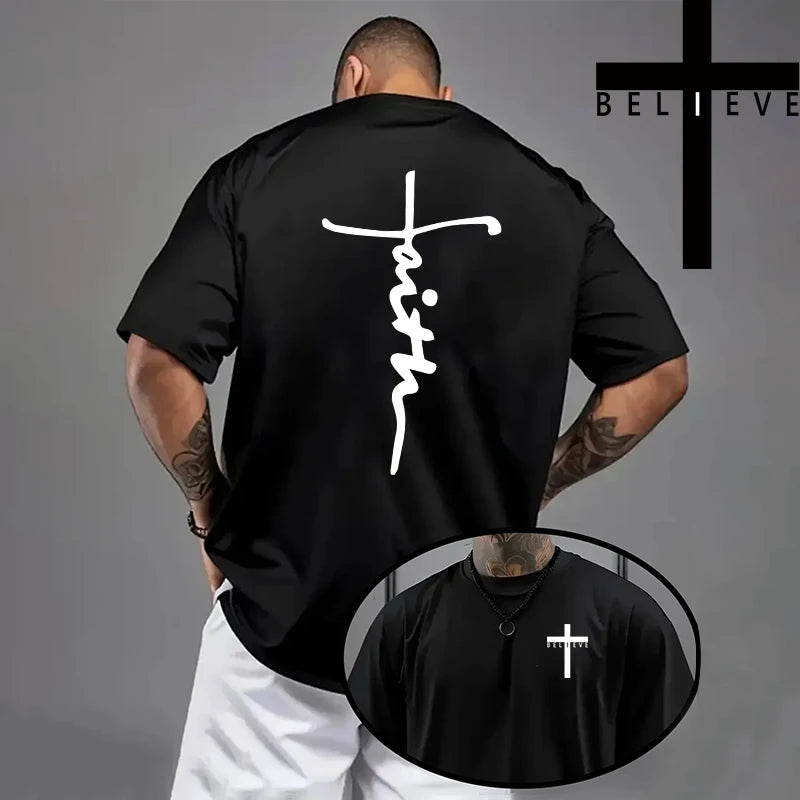 Spring Summer Daily Casual Fashion Jesus Cross Cotton Tees Christ Print T-shirt Men High Quality Pure Color Short Sleeve Top