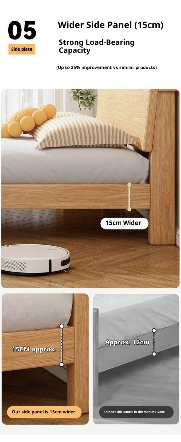 Japandi Beech Solid Wood Bed With Headboard, Japanese Log Low Bed Frame, Single Double Platform Bed For Small Bedroom Furniture