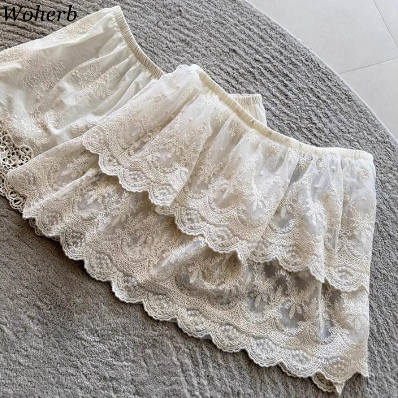Korean Lace Embroidery Flower Skirt 2026 Faldas Mujer De Moda Elastic Waist Mini Summer Jupe Fashion Sweet Y2k Vintage Skirts