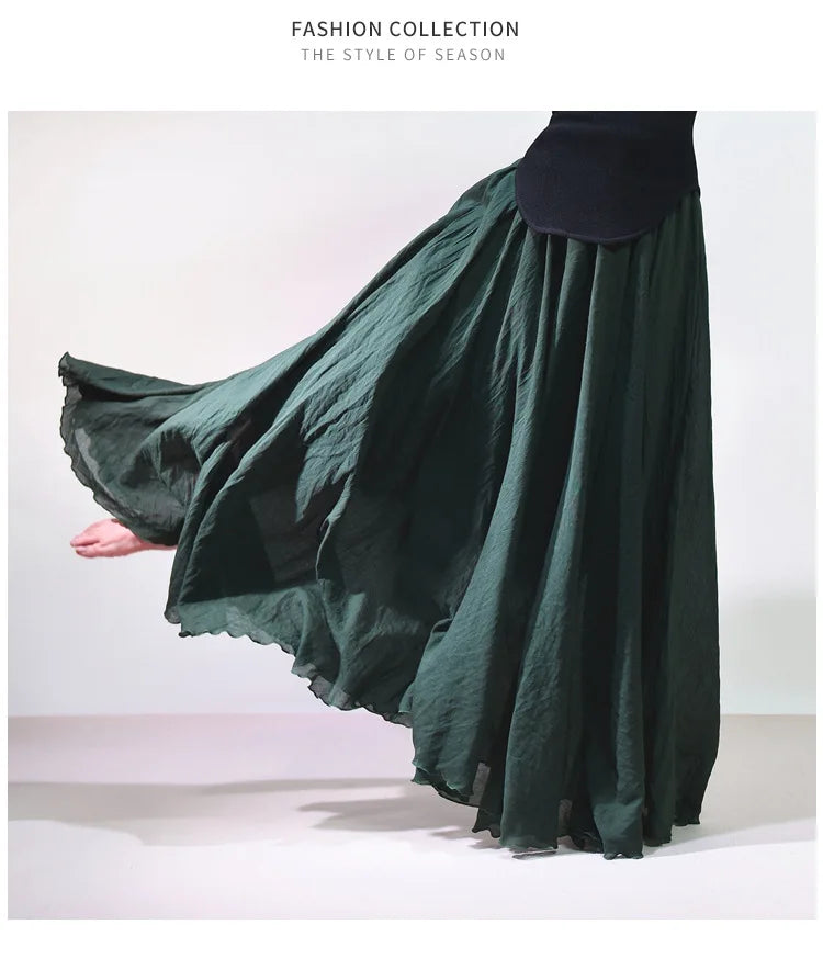 New In 2026 Spring Summer Woman Cotton Linen Midi Skirt Solid Color Loose Flared Pleated A-line Skirt Female Sweet Elegant Skirt