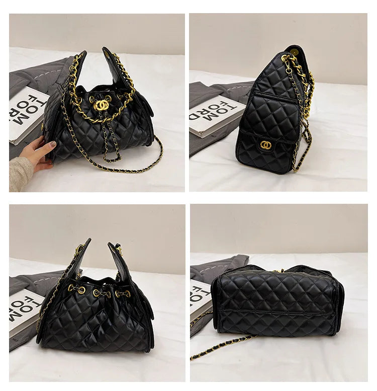 Quilted shoulder underarm bag, large-capacity hobo bag, bucket drawstring chain crossbody bag, women's handbag