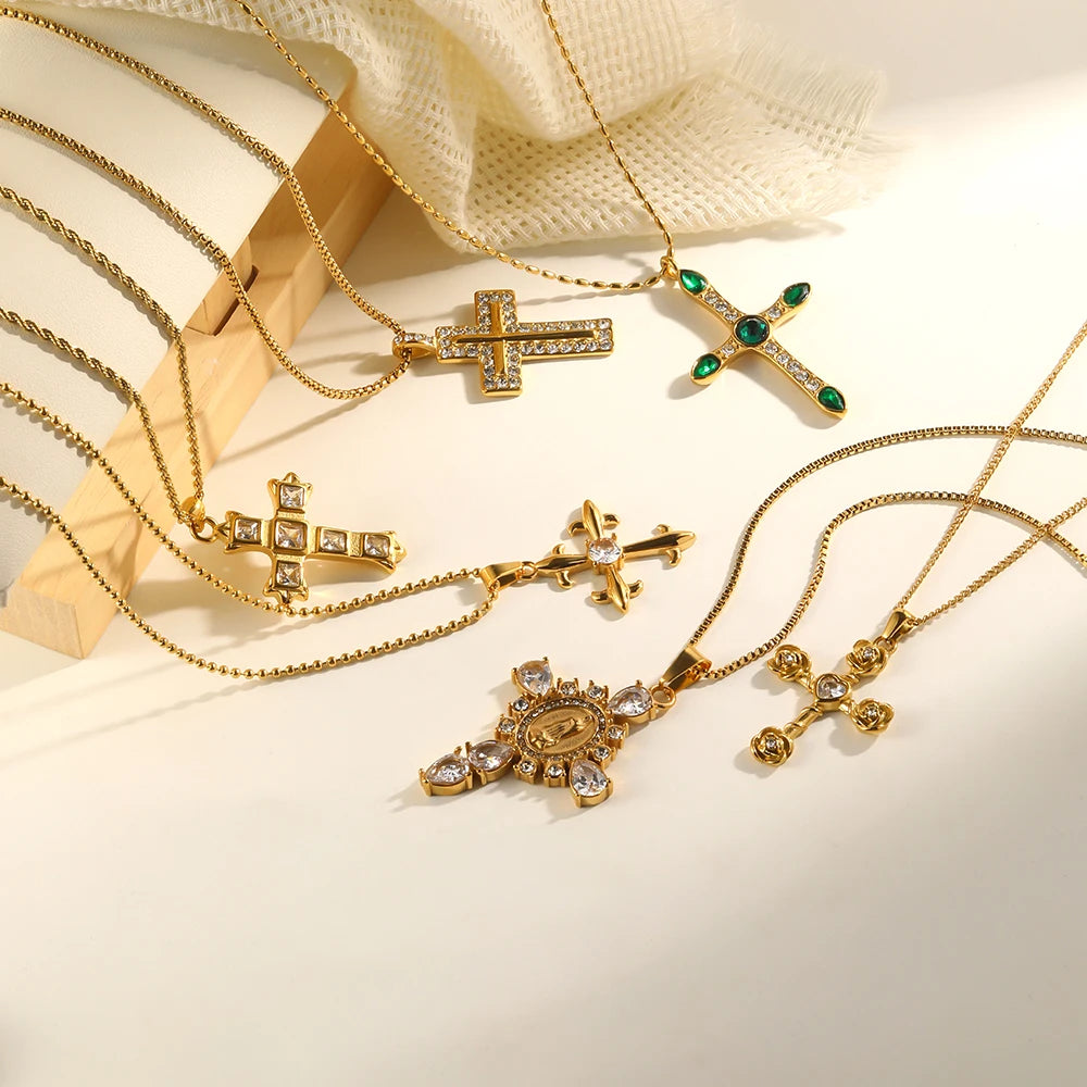 E.B.Belle Fashion Style Luxury Clear Zircon Cross Series Pendant Necklace 18K Gold Plated Stainless Steel Women'S Jewelry