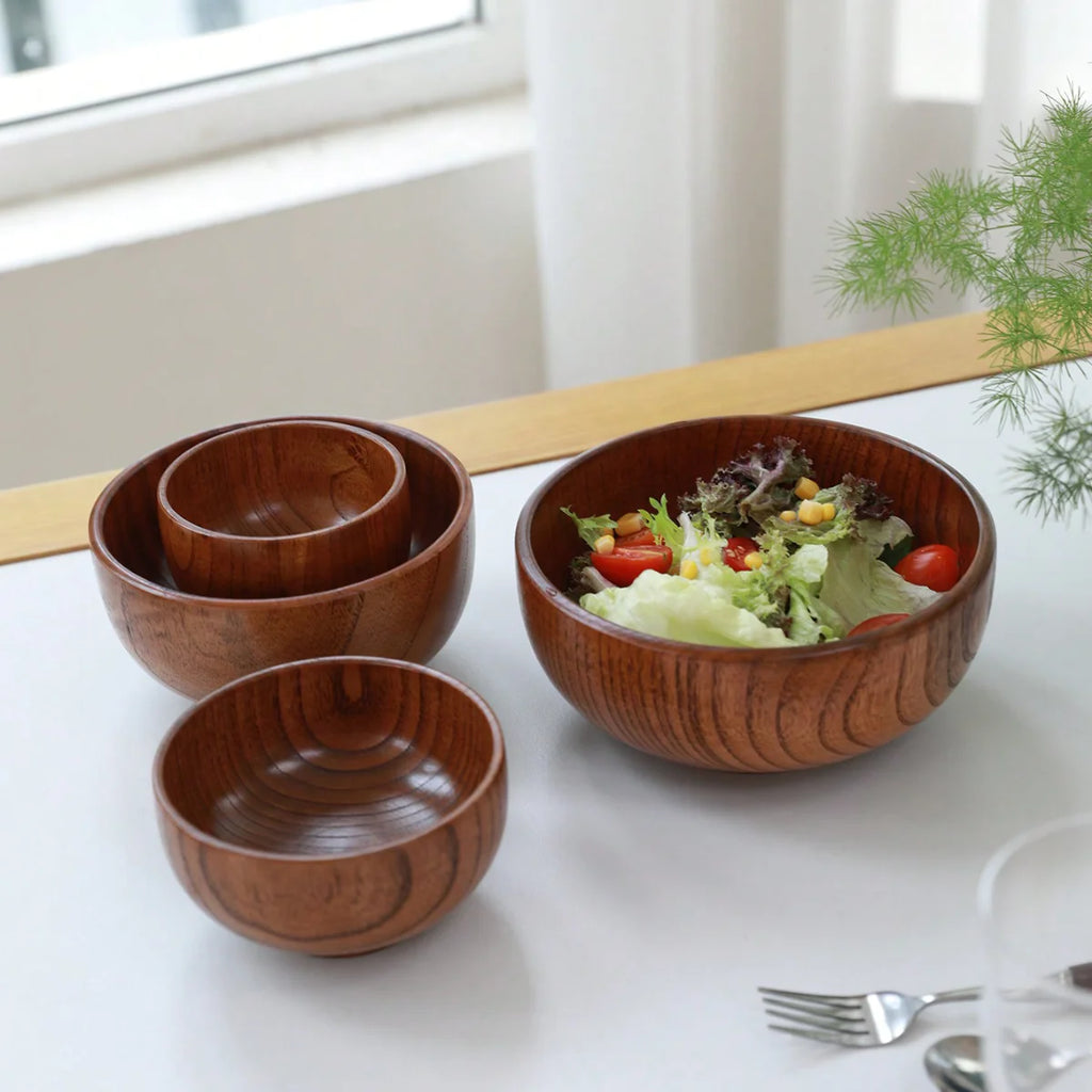 1Pc Stackable Solid Wood Bowl / Available in Large and Small Sizes / Household Wooden Bowl for Salad / Rice / Soup Noodles