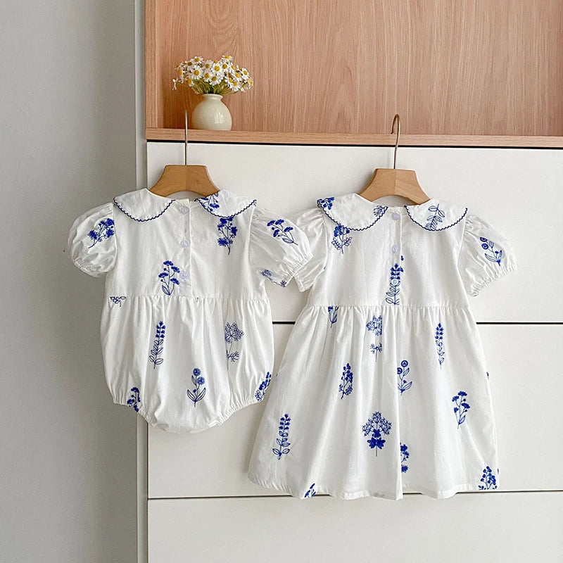 Summer New Style 2-6Y Girl Dress Korean Embroidered Short Sleeve Baby Clothes Children's Dress Girls Retro Sister Dress