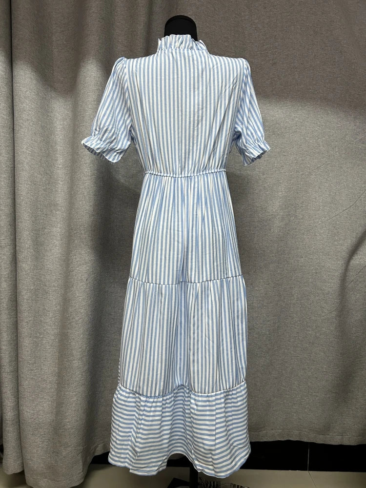 Bohemia Tassel Bandage Striped Summer Dress Women Elegant V-neck Puff Sleeve Elastic Waist Midi Dress Female Holiday Beach Dress