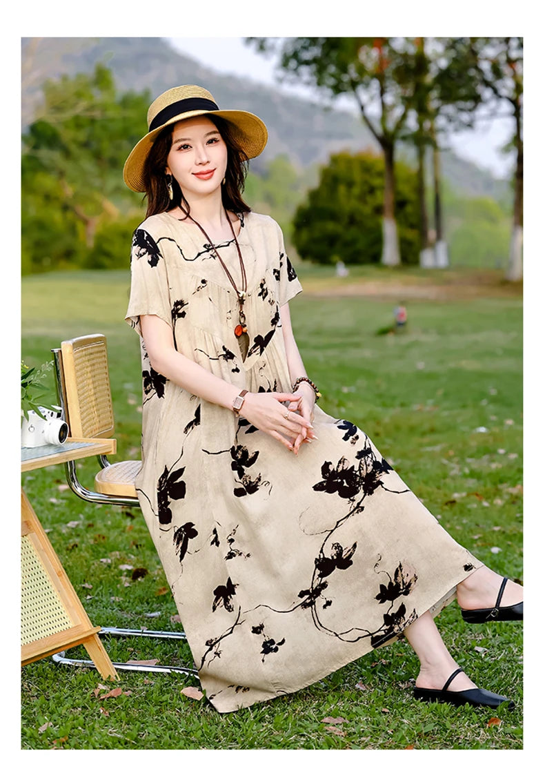 New Print plus size 2026 New Fashion Floral Printed Summer Dress Vestidos Elegant Short Sleeve Slim O-Neck Party Women clothing