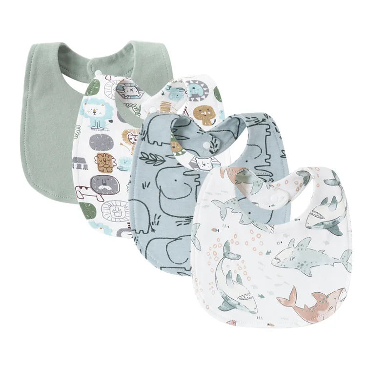4-Piece Baby Bib Set - Cotton Cartoon Animal Print for Toddlers 1-3Y