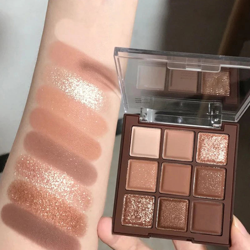 9 Colors Glitter Eyeshadow Palette Chocolate Brown Shimmer Matte Acrylic Eye Shadows Palette Waterproof Korean Makeup Cosmetics