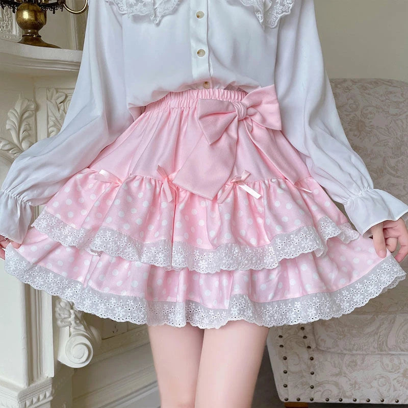 Zoki Kawaii Bow Cake Skirt Women High Waist Cute Dot Sweet Mini Skirts Fashion Casual Japan Female Solid Summer A Line Skirt New