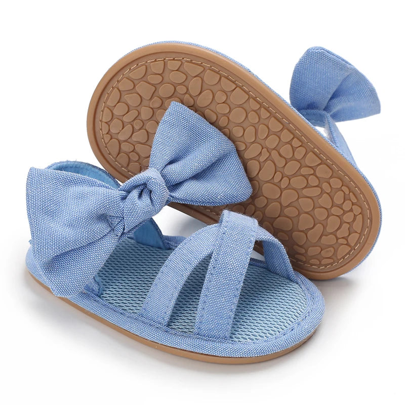 Blue 0-18M baby sandals for girls PU butterfly dew toe solid summer outdoor soft sole non slip rubber baby shoes for learning to