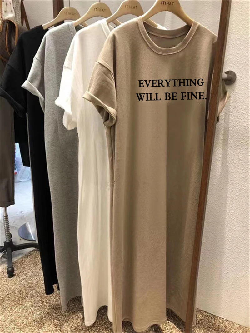 Summer Thin Plus Size Loose Short Sleeved Dress Women 2025 New Letter Printed Simple Round Neck Dress
