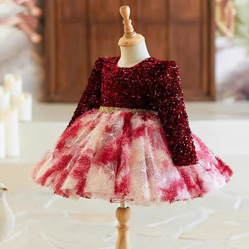 Dreamy Vow J721 Gorgeous Burgundy Girl Dress Long Sleeved Tulle Sequined Embroidered for Kids Party Knee Length Ball Gown