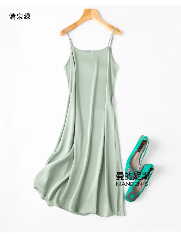 Tcyeek Women Silk Dress 93%Silk 7%Spandex Spaghetti Strap Mid Dresses 2024 Summer New Clothes Blue
