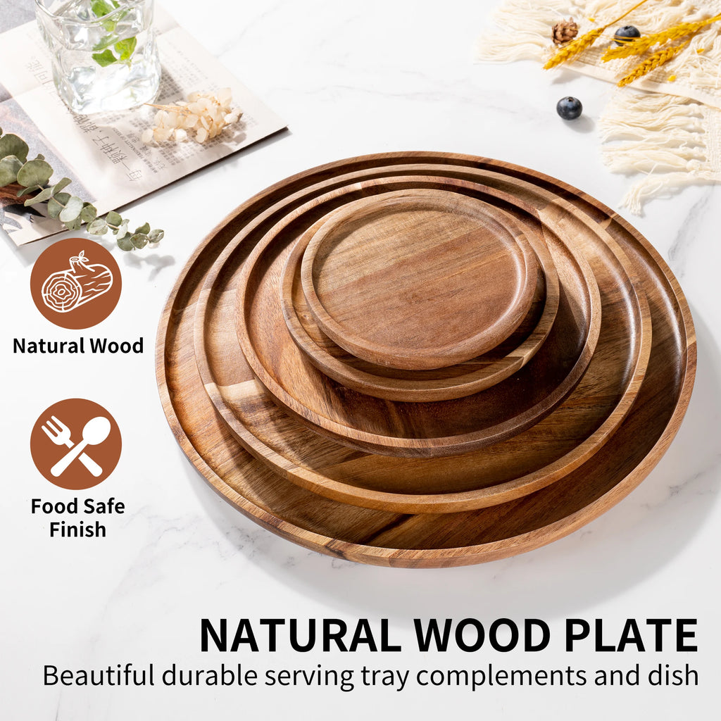 12.5/15/20/25/30cm Round Serving Platter Tray Acacia Wood Pizza Salad Plate Fruit Dessert Tray Bread Cake Container Snacks Dish