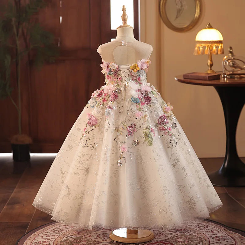 HETISO 1-14Y Flower Girl Dress Lace Sleeveless Princess Toddler Kids Children's Wedding Evening 1st Birthday Pageant Party Gown