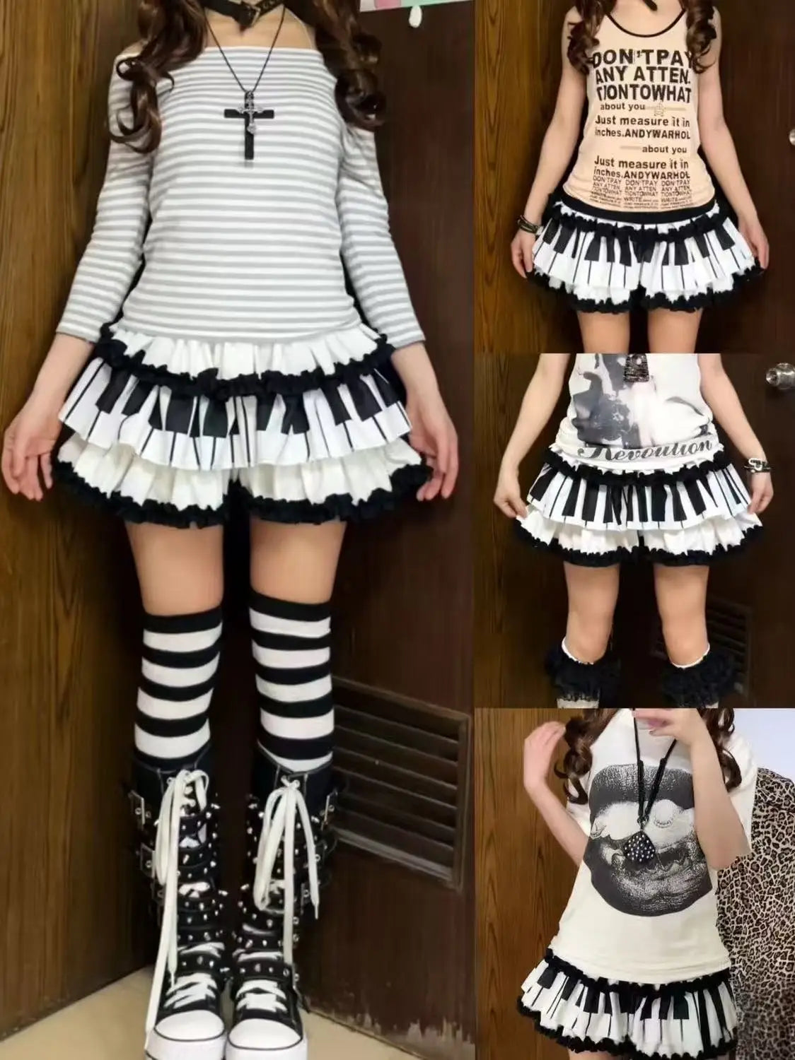 Y2K Black White Print Mini Skirt Women Slim Design Ruffle Layered A Line Skirt Elastic Waist Harajuku Pleated Short Piano Skirts