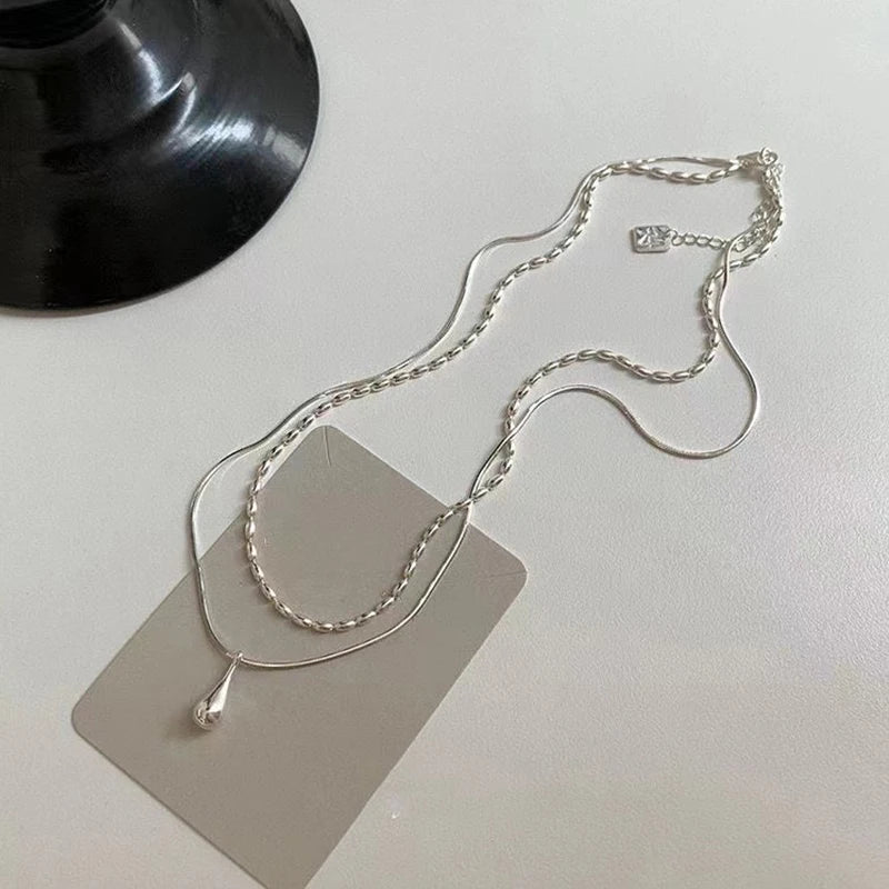 LATS Silver Color Simple Design Long Drop Pendant Necklace for Women Double-layered Clavicle Chain Fashion Jewelry Gifts