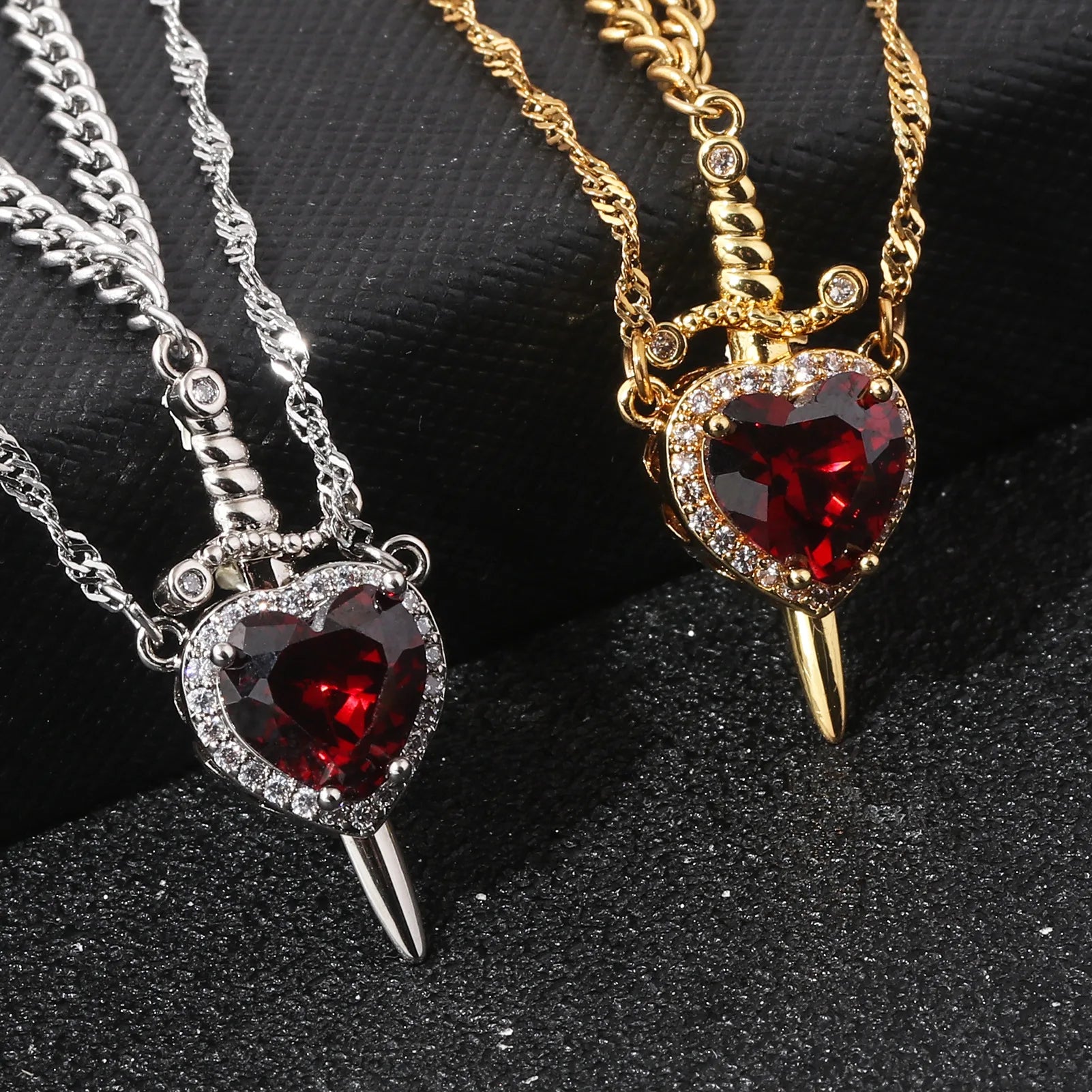 Heart and Sword Necklace Couple Necklaces Zircon Crystal Ring Bracelet Necklace Jewelry Set for Romantic Valentine's Day Gifts