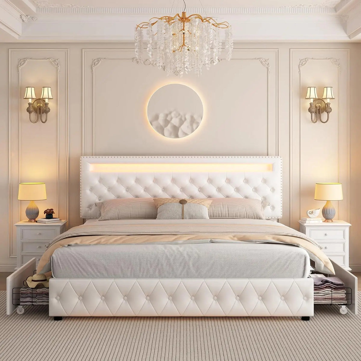 Bed Frame, Adjustable LED Headboard, Remote & App Control Lights,Plush Upholstered Platform with Silver Nailhead Trim,Customized