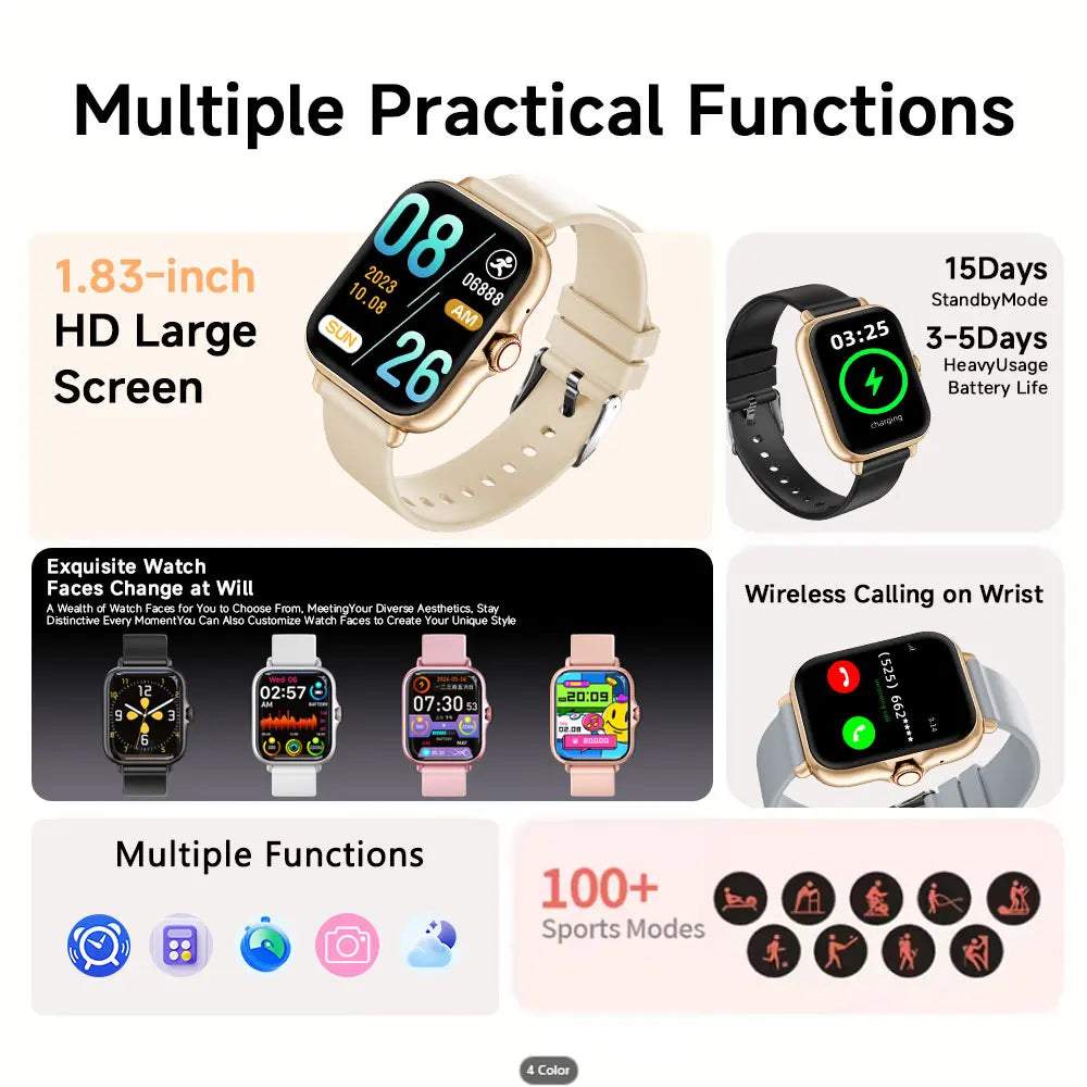 Smart Watch, Wireless Calling Smart Watch, Message Reminder, Sleep Monitoring, Pedometer, Stopwatch, Voice Assistant, Phone Finder, Men's Sports Watch, Women's Sports Watch, Watch Compatible with Android And IOS Phones