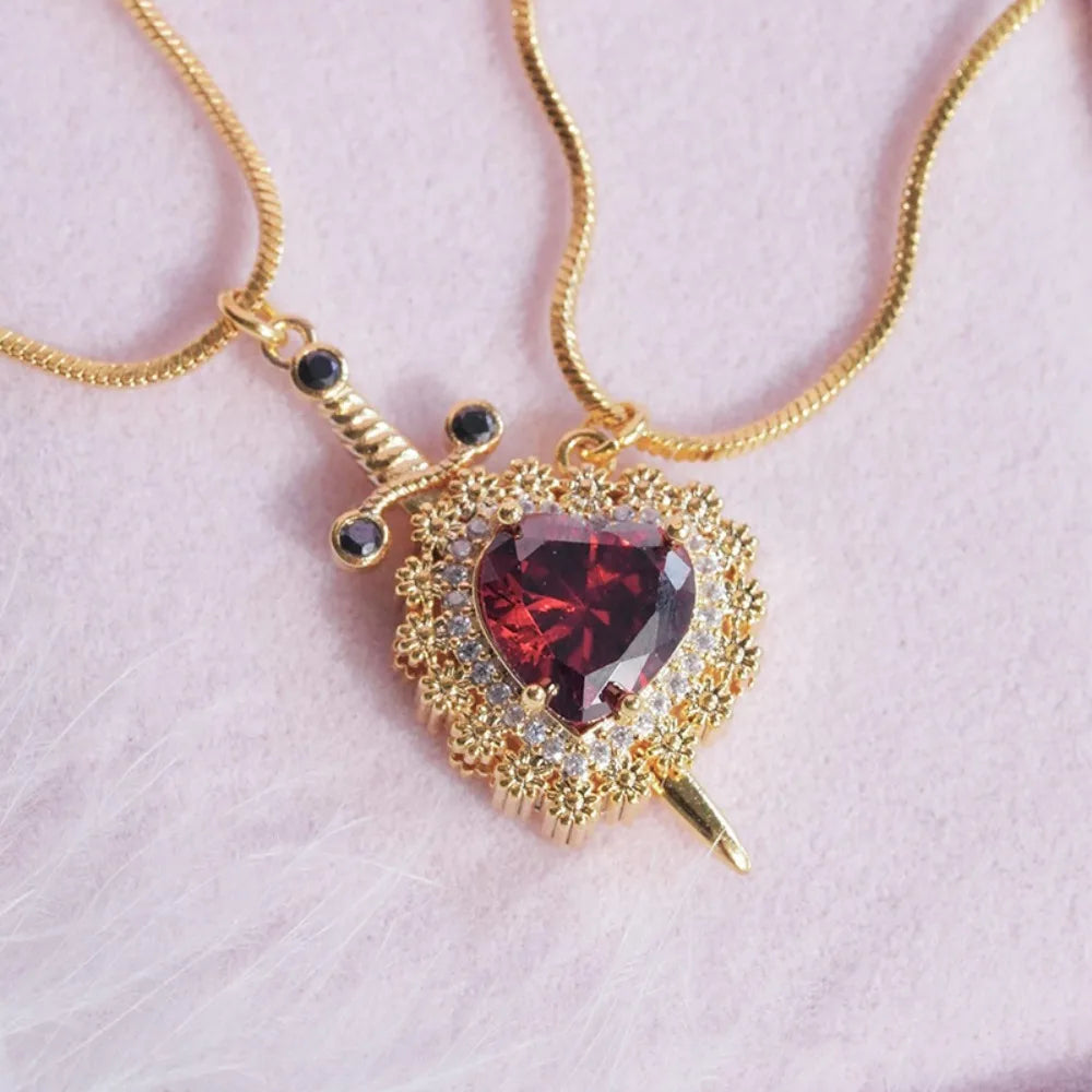 Snow White and The Huntsman Couple Heart and Sword Pendant Necklace for Women Romantic Wedding Valentine's Day Jewelry Gifts