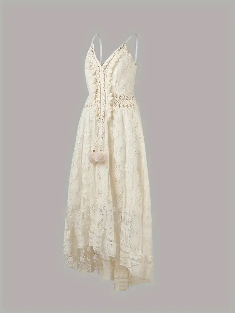 Ladies Dress A-line Lace Embroidery Design V-neck Sleeveless Mid Waist Slim Solid Color Simple Elegant Fresh Retro Sling Dress