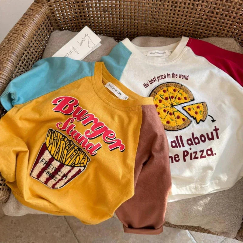 Boys Spring Cartoon Splicing T-Shirt Costume Toddler Fashion Cute Round Neck Tees Casual Loose New Long-Sleeved Tops Outer Wear