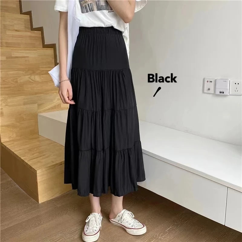 Summer New Casual Vintage Women Skirt Matching Chic Sweet Girl's Cake Skirt Elastic Waist A-Line Mid Length Flare Skirts