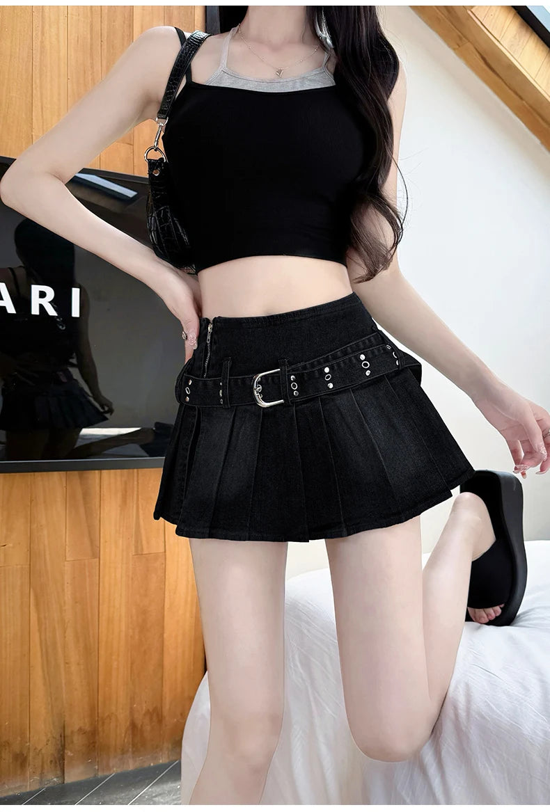 High Waist A-Line  Skirt Women's Denim Pleated Half Body Summer New Style Comfortable Soft Korean Version City Commute