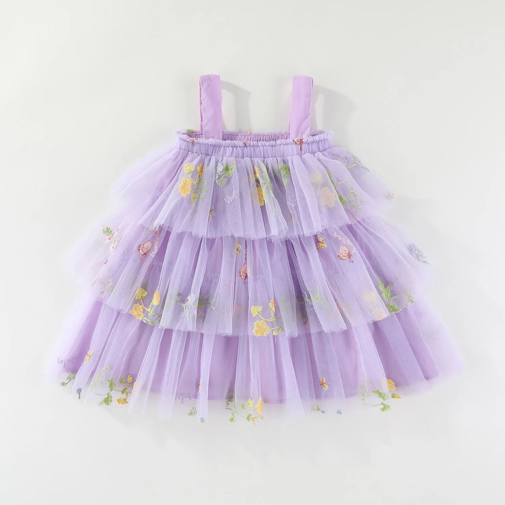 Summer Kids Clothes Girls Floral Embroidery Mesh Dress 1-5Y Children Spaghetti Strap Princess Tutu Dress Beach Wear