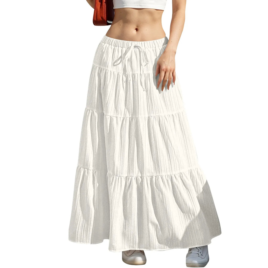Women's Flared Ruffle Hem Maxi Skirt Fashion Women Solid Long Skirts Elastic Waist Elegant Long Skirt Spring Summer Cake Dress