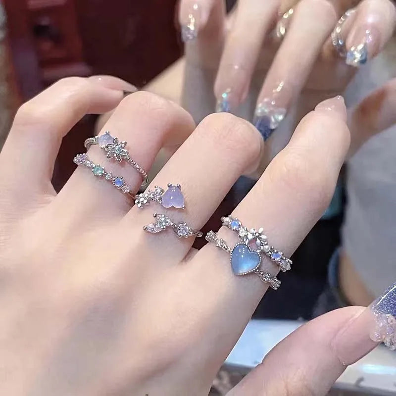 Fashion Blue Opal Heart Rings for Women Kpop Punk Gothic Open Flower Rhinestone Finger Rings Wedding Party Trendy  Jewelry