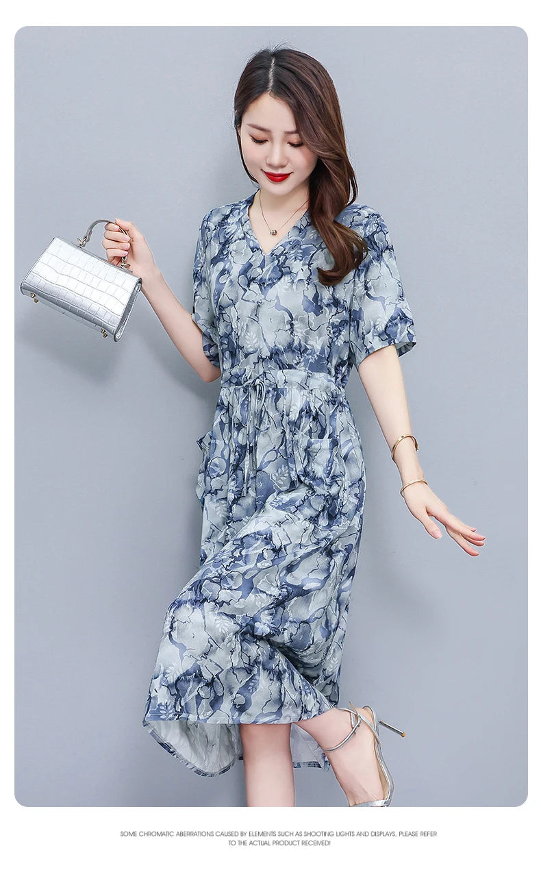 New Fashion 2025 Summer dresses For Women V-Neck Plus Size Woman Cothing Loose Short Sleeve Women Print Dresses
