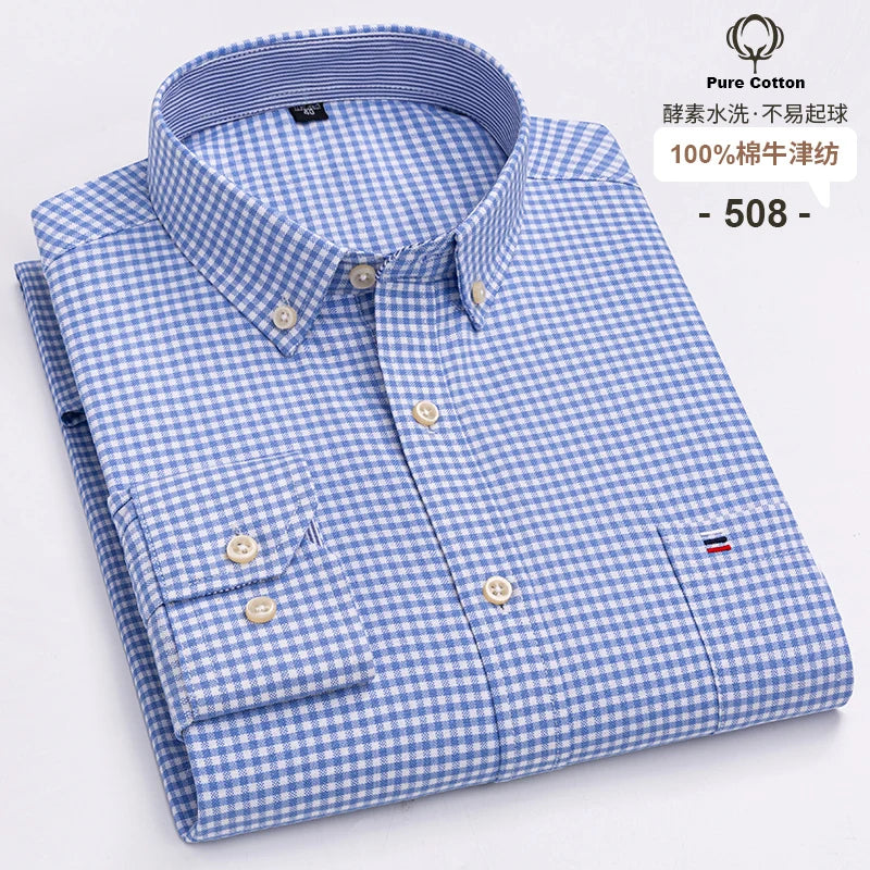 Men's 100% Cotton Oxford Plaid Dress Shirt - Long Sleeve Slim Fit
