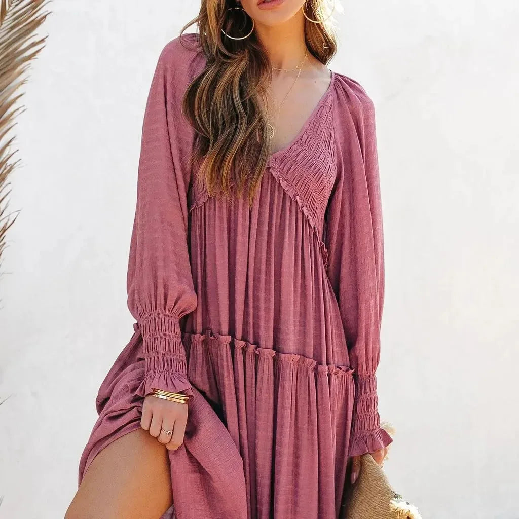 Long Dress Women Vintage V Neck Long Sleeve Dresses Loose Y2k High Waist Shirring Casual Summer Loose 2026 Elegant Slight Strech