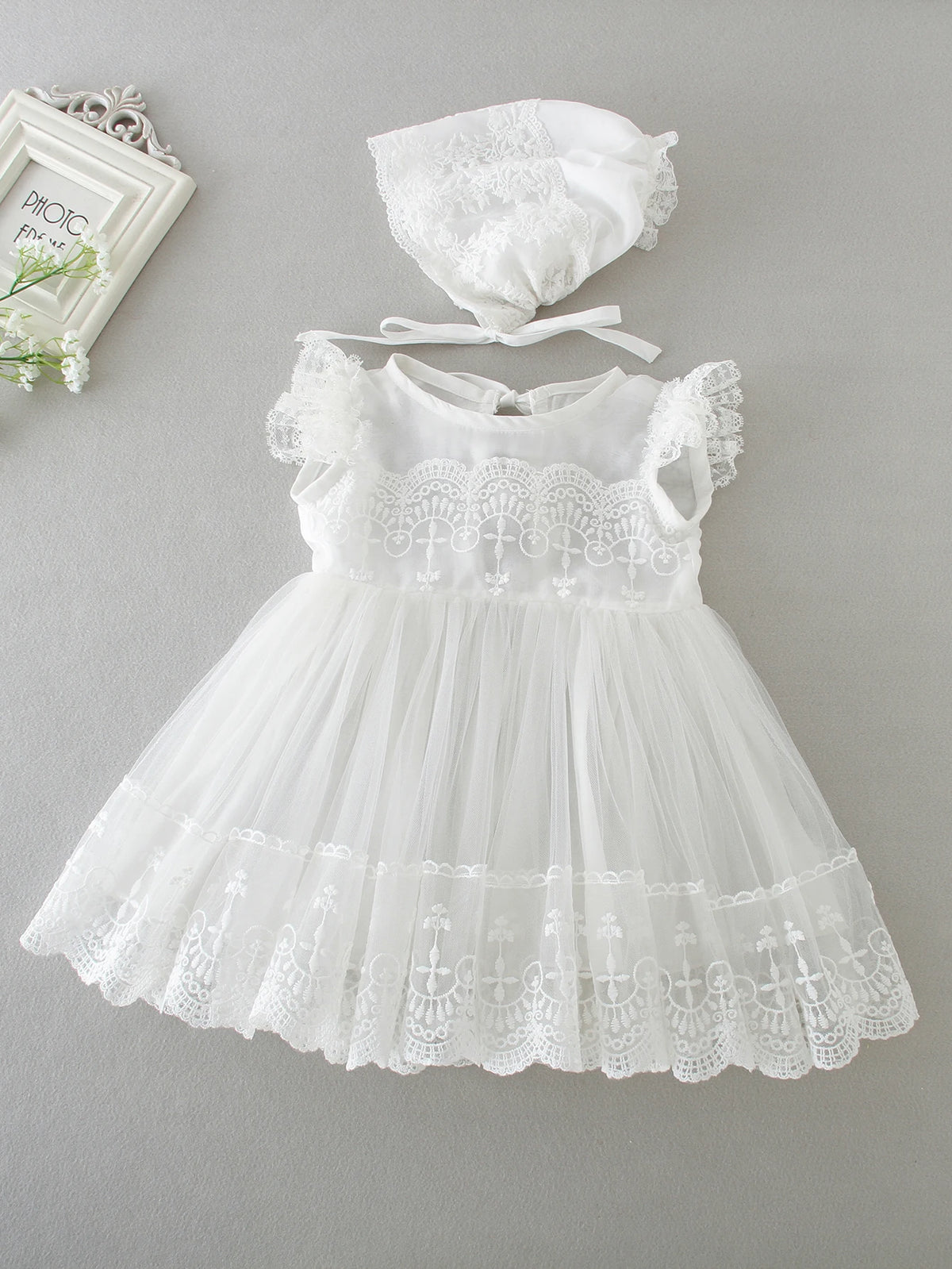 Baby Girl Baptism Dress - Wine Red Lace A-Line Princess Dress with Hat