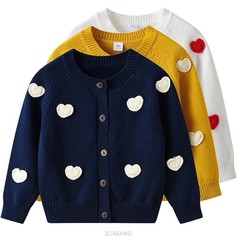 Teen Girl Clothes 2025 Children New Korean Cardigan Girls Knit Jacket Spring Autumn Outfit Style Costume Handmade Heart DIY Kids