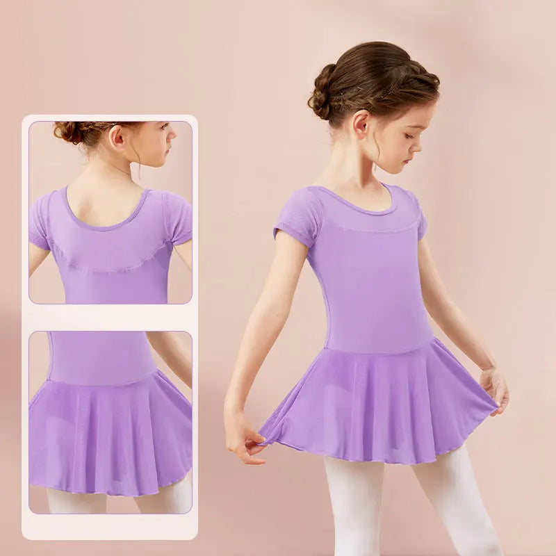Girls Ballet Leotard Dress – Mesh Splice Short Sleeve Chiffon Skirted Dance Costume