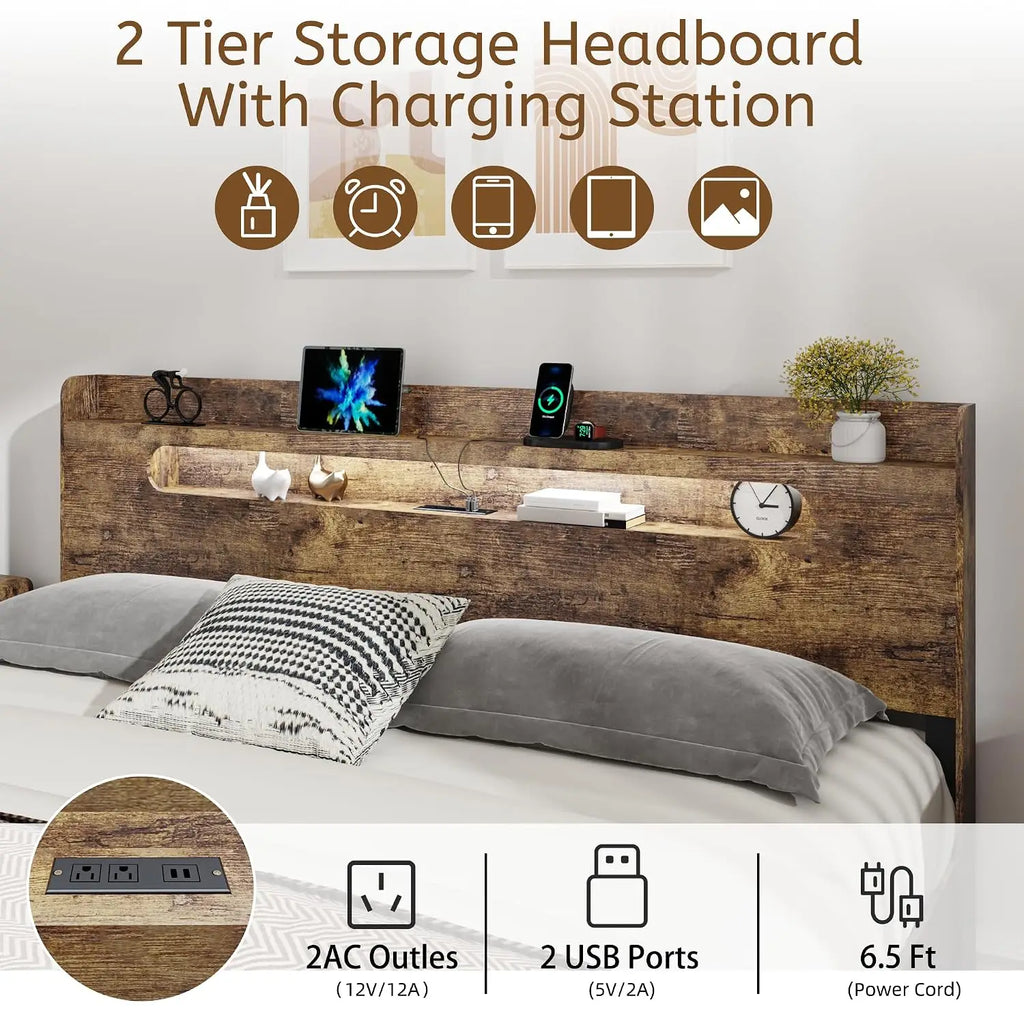 King Wood Platform Bed with Storage Headboard, LED Lights & Charging Station, Wood Slat, No Box Spring, Assembly, Customized