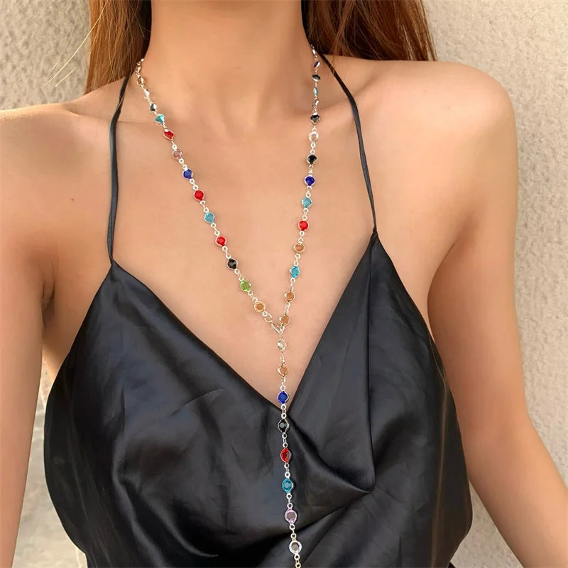 Crystal Zircon Necklace For Women Luxury Colorful Rhinestone Tassel Bohemian Statement Jewelry Gift