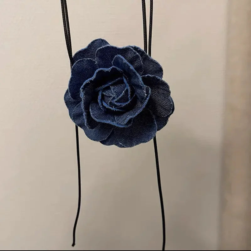 Trend Choker Flower Rose Pendant Collarbone Chain Women Jeans Cloth Necklace Temperament Adjustable Wax Rope Y2K Denim Necklace