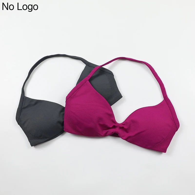 No Logo V-Neck Women's Low Support Ruched Halter Sports Bra Sexy Open Back Gym Crop Top Padded Seamless Workout Yoga Tank Tops