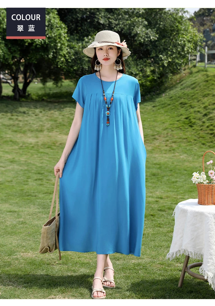 New Fashion Casual 2025 Summer Elegant Dresses For Women O-Neck Print Vintage Short Sleeve Dress Loose Women Clothing