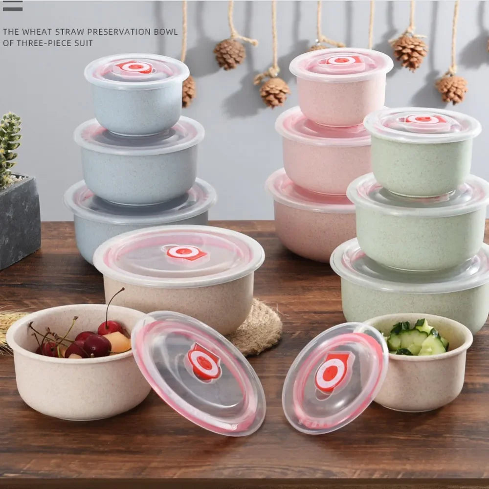 Fiambrera Bento de Paja de Trigo de 3 Piezas, Tazón de Ensalada Ecológico con Tapa, Apto para Microondas, Contenedor de Alimentos, Vajilla de Cocina