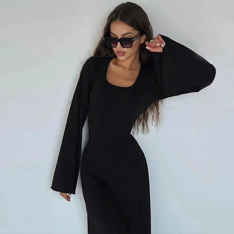 Women's Flare Sleeve Maxi Dress – Slim Fit Lace-Up Floor-Length Gown