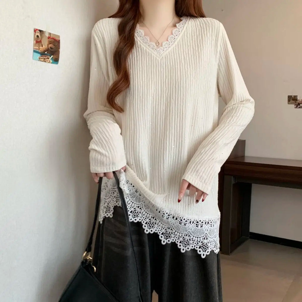 Lace Splicing Long Sleeve T-shirt Female Loose Slimming V-Neck Top