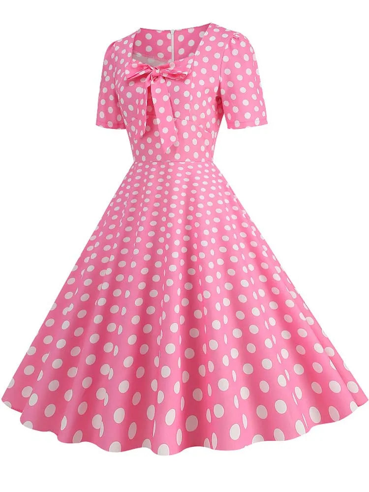 Pink Plaid Swing Party Dresses Women Elegant Vintage Square Collar Short Sleeve Casual Summer Dress