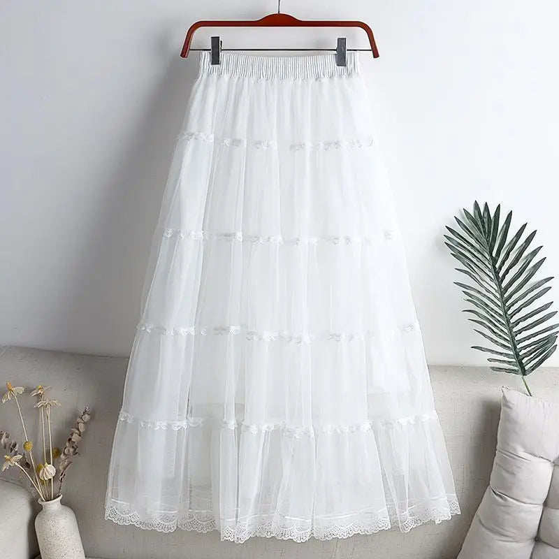 Sweet Lace A-Line Half Skirt Women's Spring Summer New Style Elastic Waist Slimming Cake Skirt High Waist Polyester Fiber