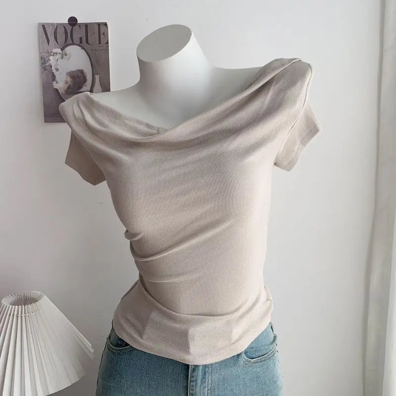 Summer Short Sleeve T-Shirt Shoulder Bared Open Neck Irregular Pleated Korean Style Slim Fit Pure Color Modal Fabric Ladies Top