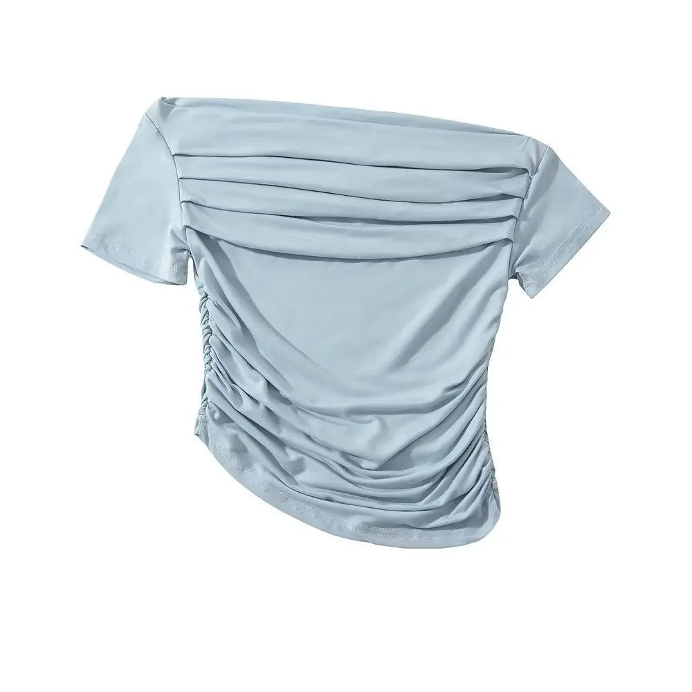 Sexy Spicy Girl Short Sleeve Slim Fit Pleated One Shoulder Base Shirt Street Snap Popular Thinming Street Snap Top for Summer